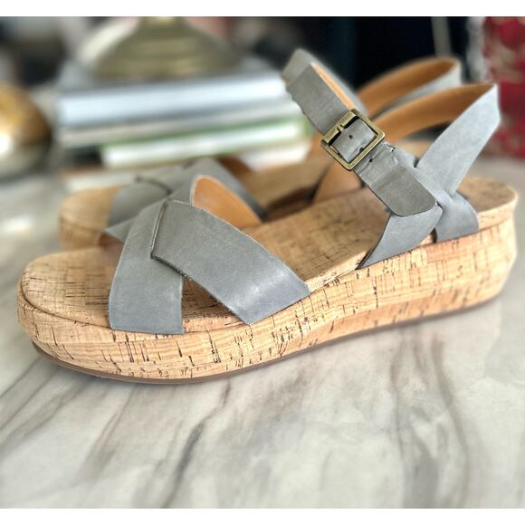 Korks Kalie Light Blue Leather Strappy Cork Platform Sandal - Picture 2 of 11